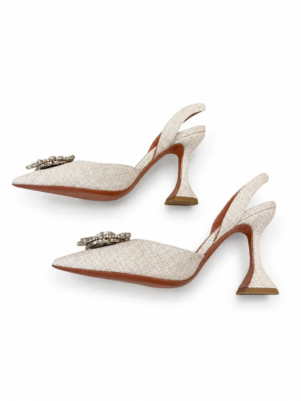 Amina Muaddi Begum Slingback Pumps Crystal Beige Linen Fabric Heels EU 41 US 11